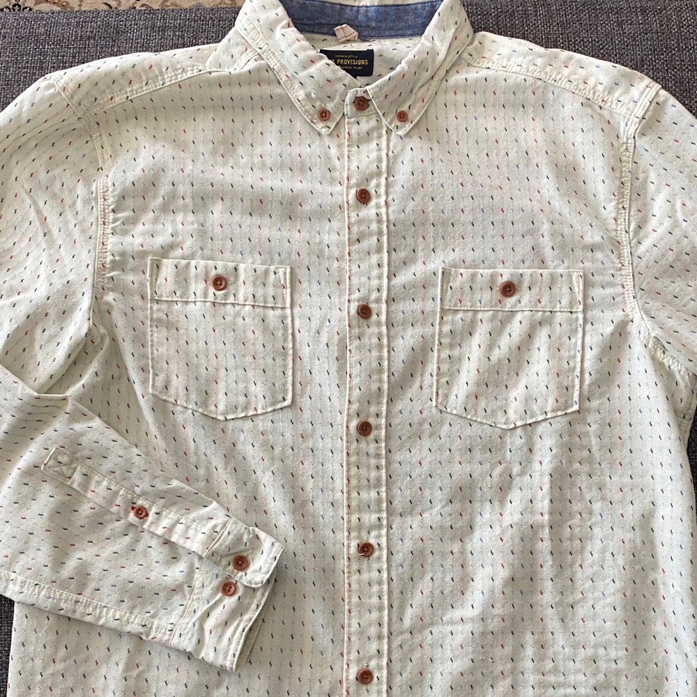 Mens M CPO Provisions Long Sleeve Button Down Shirt in Cream, Stitched Details